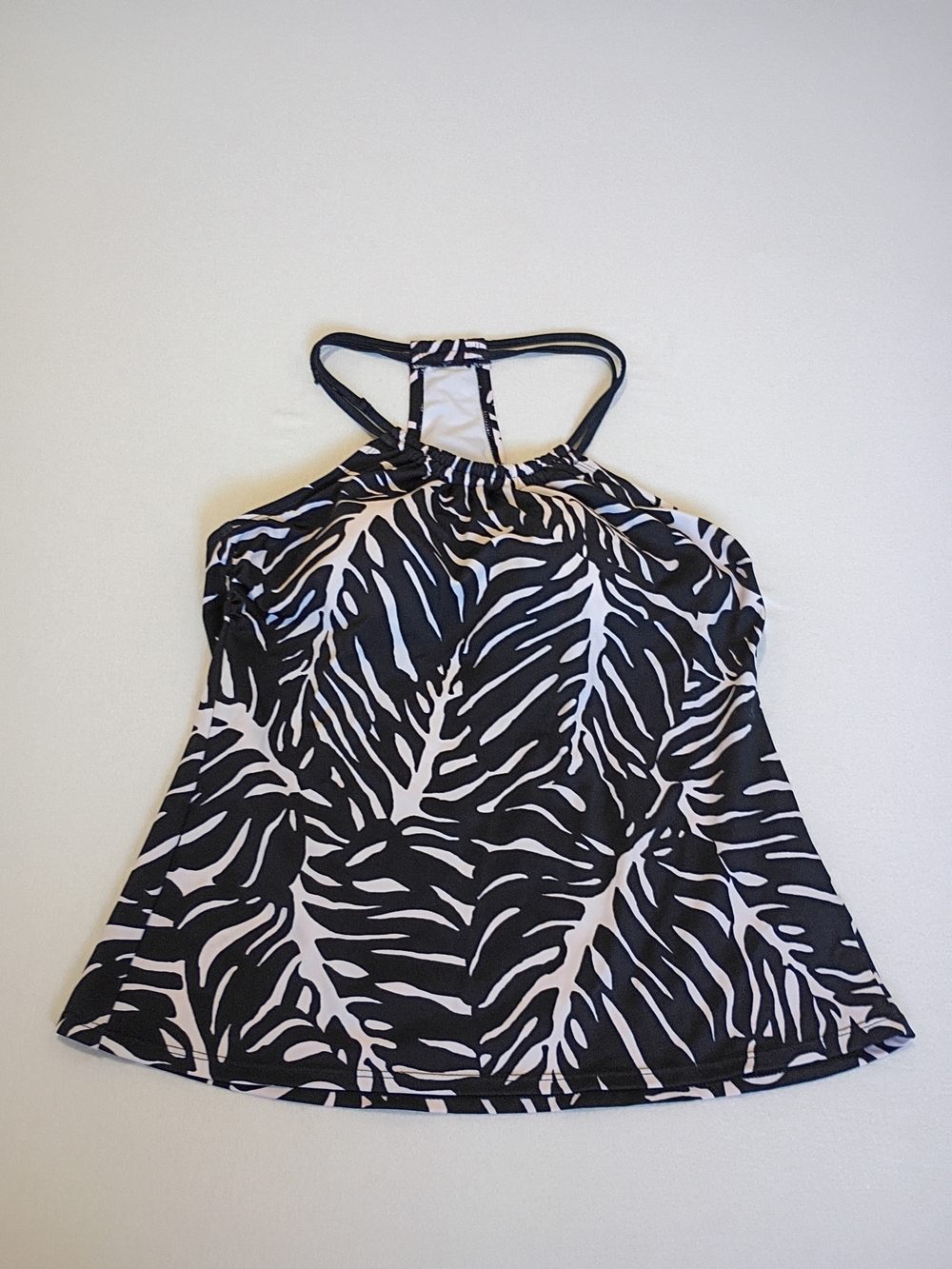Jantzen Tankini Swim Top Size 12 Black White Tropical Palm Leaf Halter Neck